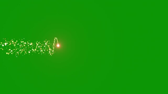 Golden glitter comet shooting star trail with sparkling tail streak, magic swirl light flare on black night background, brilliant motion graphics element, seamless loop animation 4K
