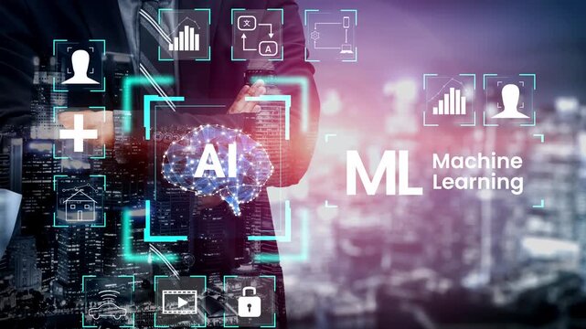 Futuristic digital interface showcasing artificial intelligence technology with icons representing data analysis, machine learning, and cybersecurity elements in urban setting Gluon.