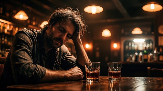 Depressed middle aged man sits alone at bar table with whiskey glasses. Sad alcoholic suffers from addiction, loneliness in dark pub. Tired male drinker looks down in despair after hard day with