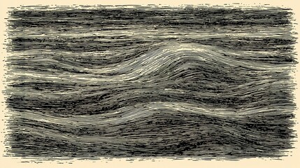 A black and white abstract illustration with wavy lines on a beige background