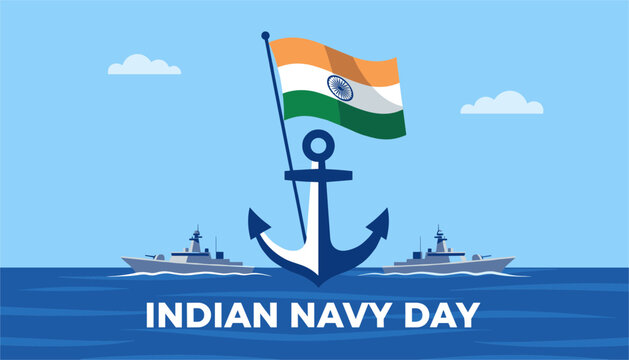 Indian Navy Day celebration illustration featuring national flag flying on a giant anchor with navy warships sailing on the ocean.