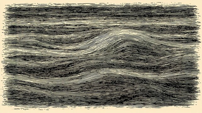 A black and white abstract illustration with wavy lines on a beige background