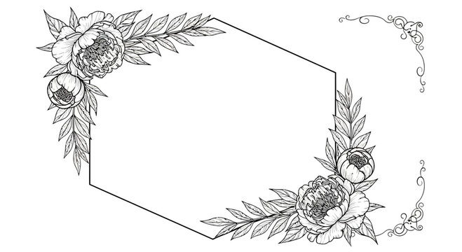 Hand drawn floral frame with peonies and leaves on white background