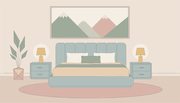 Modern cozy bedroom interior illustration with a soft blue bed, side tables with lamps, a potted plant, and mountain wall art.