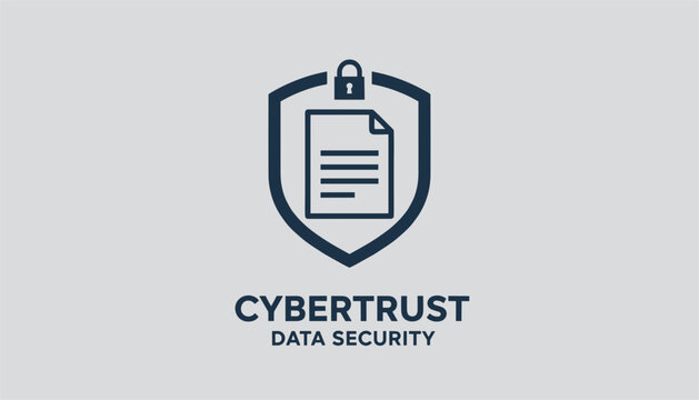 Modern cybertrust security logo features a secure data document protected by a strong dark blue shield and padlock.