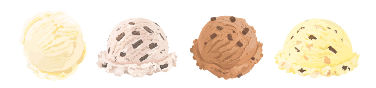 Set of cartoon vanilla, mango, oreo and chocolate ice cream scoop with fruits and chocolate chip. Summer vector dessert illustration isolated on white. Perfect for menu, packaging and design.