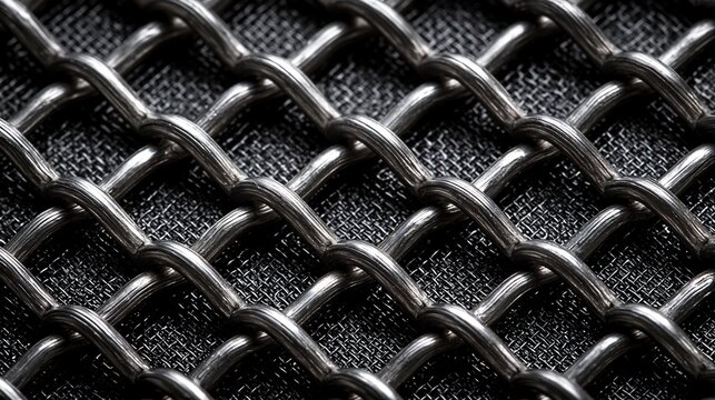 A close-up view of a black chain link fabric with a textured background