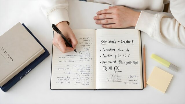 Focused student studying calculus, writing notes on Chapter 5 derivatives and chain rule in a notebook at a white desk with textbooks