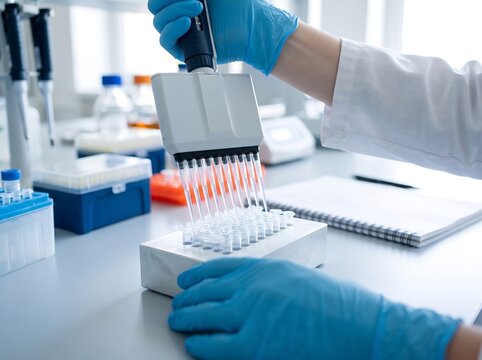 Close-up of scientist in blue gloves using a multichannel pipette in a modern laboratory