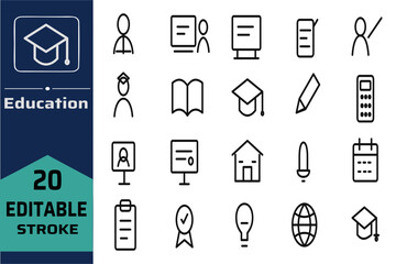 Fototapeta premium Editable education icons set with 20 stroke vector symbols for learning and teaching materials