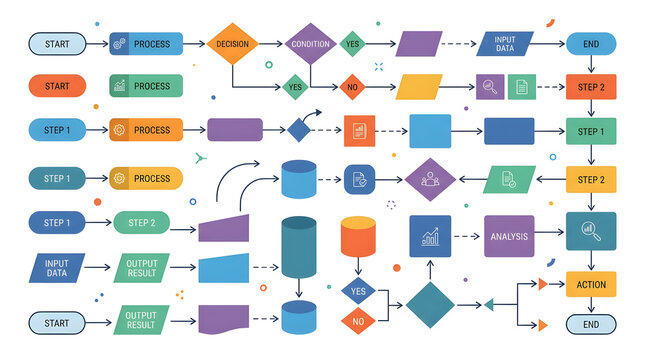 Flowchart Elements: A vibrant collection of flowchart symbols, including start/end points, processes, decision diamonds, and data storage shapes.