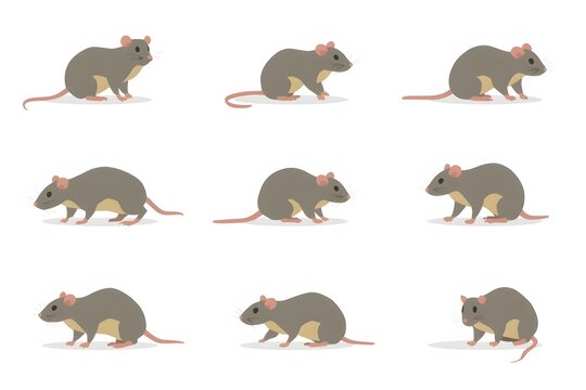Cartoon rat walking animation sprite sheet with nine sequential poses on white background.