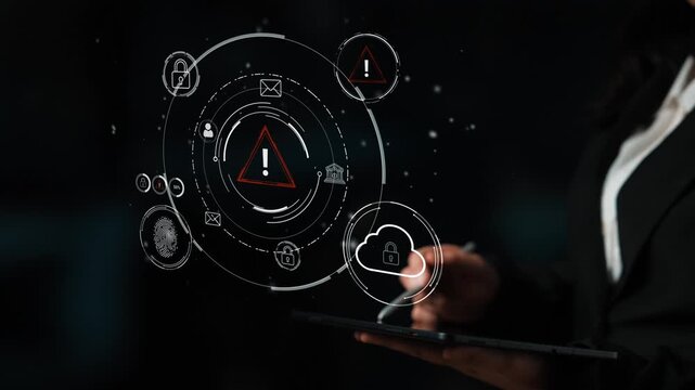 Business professional interacting with digital security icons on a tablet in a dark workspace, focusing on cybersecurity and data protection concepts. Entropy.