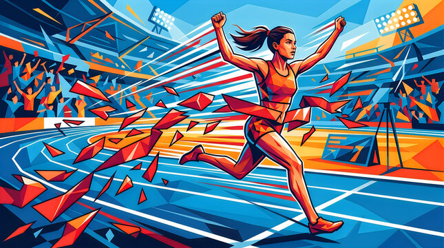 Dynamic Vector Illustration of Female Sprinter Breaking Through Barrier Wins Race, Stadium, Athlete Victory, Track and Field Sports Competition, Artistic Design