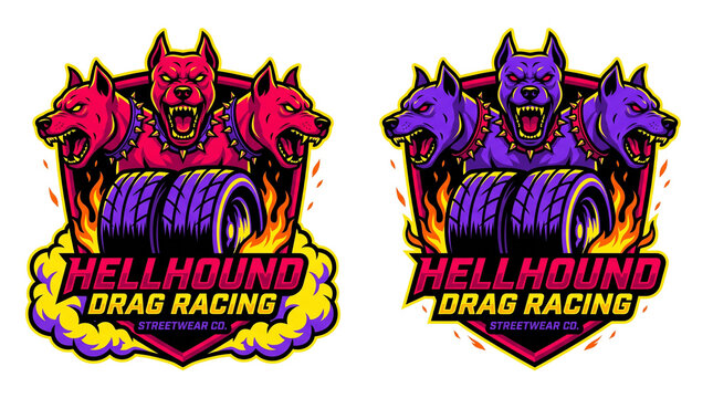 Aggressive Three Headed Hound and Drag Slick Burnout Vector Mascot for Streetwear Merch