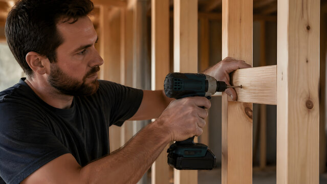 Male carpenter using cordless drill to secure wooden noggin in stud wall framing