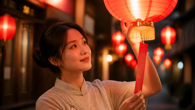Smiling Asian woman solving a red paper riddle during the Lantern Festival