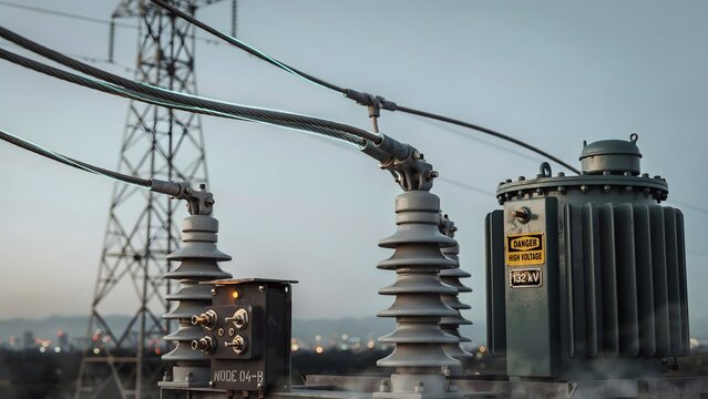 Power grid transformer and glowing electrical cables in close-up at dusk &ndash; Ideal for energy sector, power distribution, or utility stock imagery.