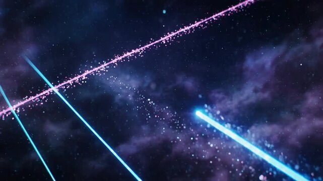Neon light beams intersect and sparkle in cosmic nebula during abstract futuristic celebration