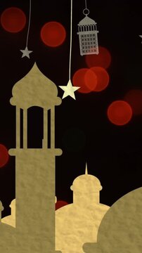 Moon, stars and lamps hanging against multiple mosque icons and red spots with copy space