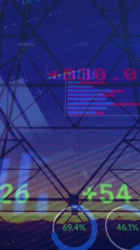 Financial data processing over high voltage tower against sunset sky