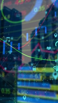 Video of financial data processing over cityscape