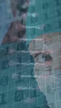 Animation of binary coding and dna strand over caucasian nurse with face mask