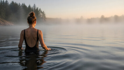 Fototapeta premium Woman wading into a calm lake surrounded by thick morning mist at sunrise