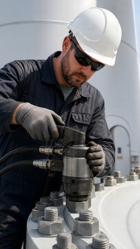 Wind turbine technician tightening bolts with a hydraulic torque wrench.
