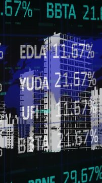 Animation of financial data processing over cityscape
