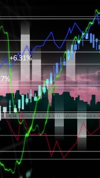 Animation of financial data processing over cityscape