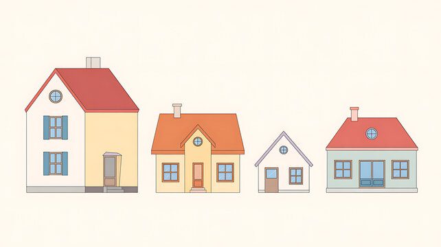 Houses stand in a row showing different architectural suburban styles.