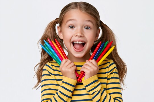 Happy child holding colorful crayons for creative learning
