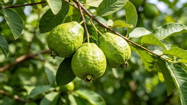 Fresh green guavas hanging on a tree branch in a sunny tropical orchard garden.