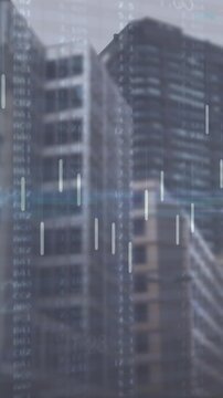 Animation of financial data processing over cityscape