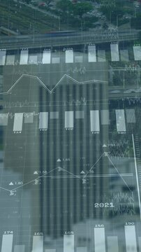 Animation of financial data processing over cityscape