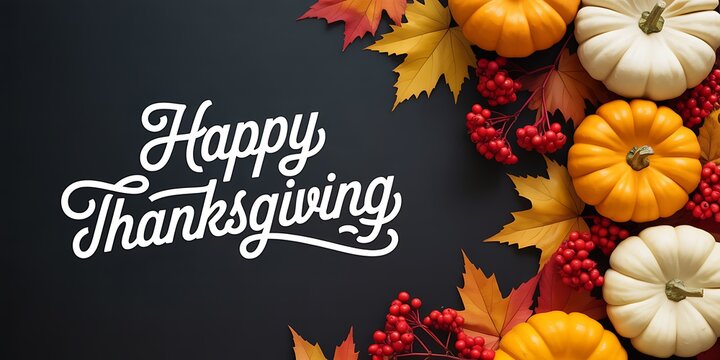 Festive thanksgiving greeting with pumpkins autumn leaves and berries on a dark background