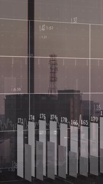 Animation of financial data processing over cityscape