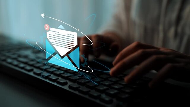 Modern Digital Communication Concept Featuring Email Notification and Hands Typing on a Keyboard in a Softly Lit Environment. Entropy.