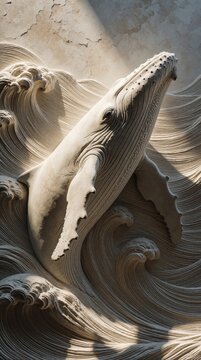 3D whale sculpture emerging from stylized waves on textured wall. Stone bas-relief creates underwater sea scene with dramatic light and shadow play.