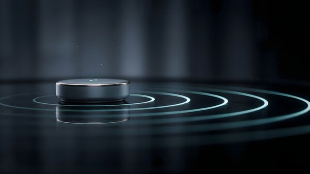 Wireless charging pad with expanding light rings on dark table &ndash; Perfect for smart device accessories, technology, or modern lifestyle themes.