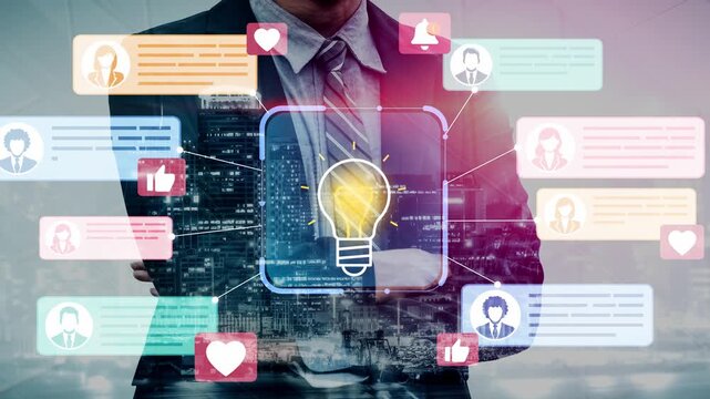 Business Professional Overlooking Cityscape with Social Media Icons and Lightbulb Representation of Innovation and Connectivity in a Digital Age. Entropy.