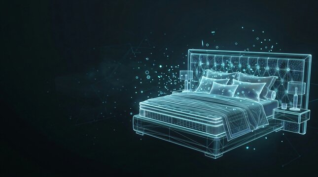 Conceptual holographic wireframe double bed with glowing blue network particles three dimensional hologram furniture wireframe futuristic technology interior