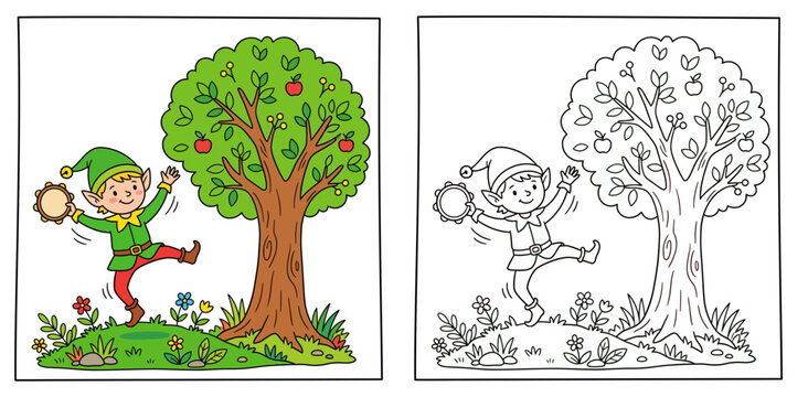 Cute Dancing Elf with Tambourine by Apple Tree - Colored Illustration and Line Art Outline for Kids Coloring Book - Kawaii Fantasy Character Vector
