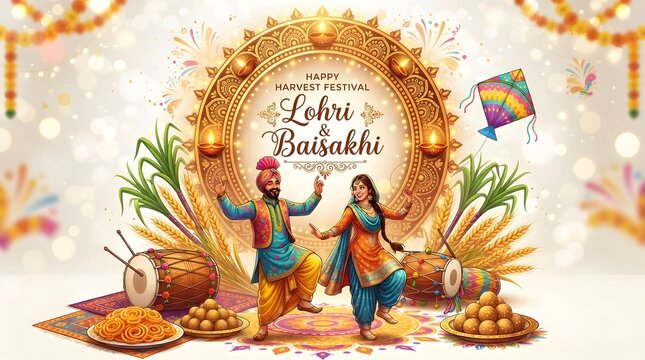 Happy harvest festival lohri and baisakhi greeting card with traditional dancers, dhol, sugarcane, and sweets