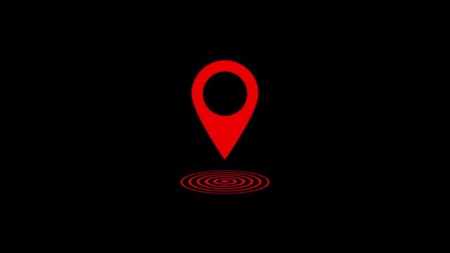 Red Location Map Pin Pointer Icon with Circular Base Isolated on Black Background.