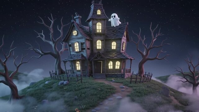 A spooky, cartoon-style haunted house on a misty hill at night with a ghost on the roof and bare trees, perfect for Halloween.