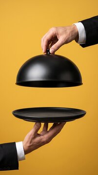 Waiter hands revealing an empty black plate lifting a dome cloche on a yellow background