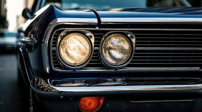 Close up of vintage car front with chrome grille and round headlights. Blue automobile shows classic design, shiny metal details, and retro style. This nostalgic auto part glows.