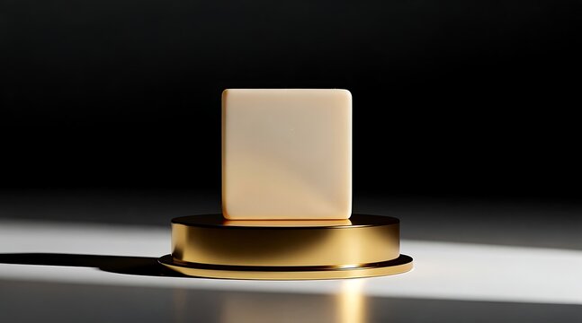 Minimalist 3D Render of a Blank White Square Block on a Premium Gold Pedestal with Dark Background
